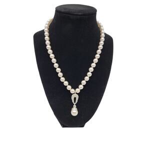 RMN White Faux Pearl & Rhinestone Necklace Lobster Closure Adjustable Silver